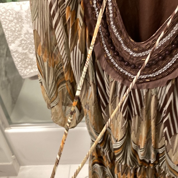 Brown multi color print bohemian style embellished dress. NWOT - Picture 5 of 7